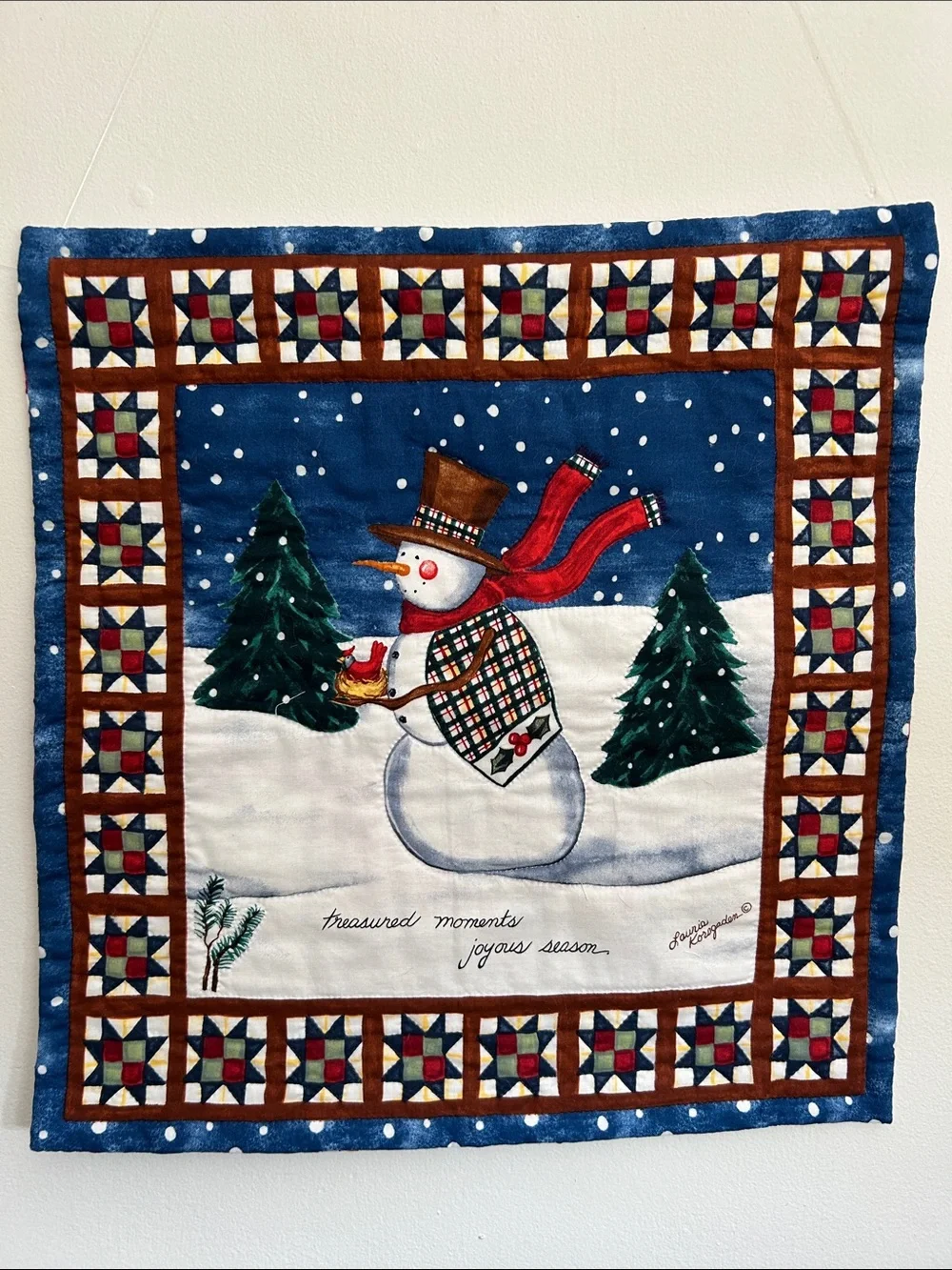 Holiday Snowman Quilted Wall Hanging - Blue and White Festive Decor